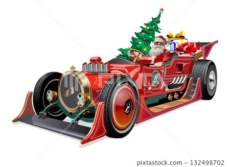 Vector Santa driving Christmas custom fiction retro race car concept 132498702