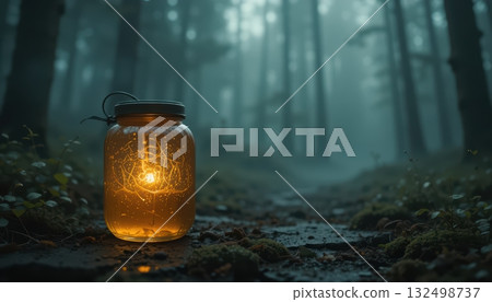 Jar of Illuminated Gold in a Misty Dark Forest Path 132498737