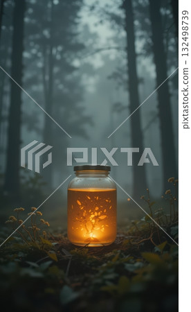 Enchanted Firefly Jar on the Forest Floor at Dusk - Stock Illustration ...