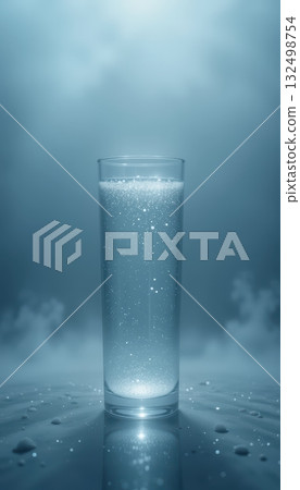 Effervescent Sparkles of Pure Blue Water in a Glass 132498754