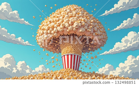 Mushroom Cloud Popcorn Snack in a Cartoon Sky Landscape 132498851