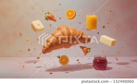 Deconstructed Breakfast with Flying Croissant Butter Almonds and Orange Juice Deconstructed Breakfast with Flying Croissant Butter Almonds and Orange Juice 132498860