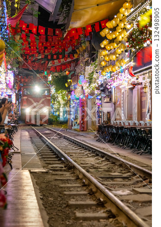 Lively Hanoi Train Street Cafes at Night 132498905