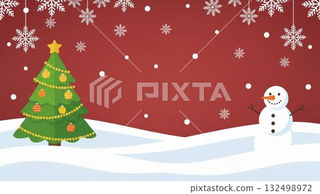 華麗的聖誕插圖，紅色背景排列著雪花、樹木和雪人 132498972