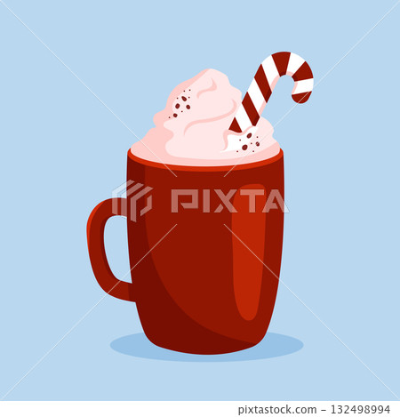 Hot chocolate or coffee with whipped cream and christmas striped candy cane. Vector illustration in flat cartoon style isolated on blue background. 132498994