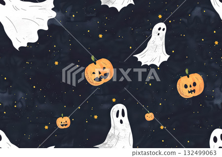 Halloween-themed illustration featuring playful ghosts and carved pumpkins on a dark starry background, perfect for festive decorations and seasonal designs 132499063