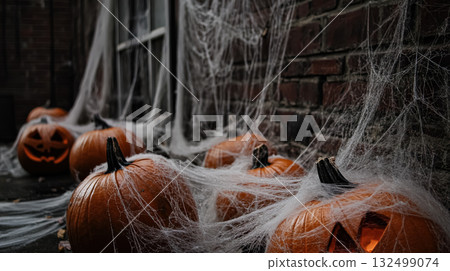 Halloween pumpkins with carved faces and cobwebs create a spooky atmosphere in a dimly lit outdoor setting, perfect for seasonal decorations and celebrations 132499074