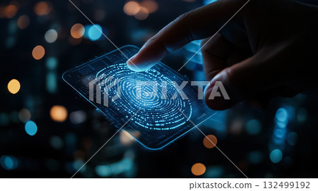 Hand interacting with a futuristic holographic fingerprint scanner, showcasing advanced technology and digital security concepts in a modern urban environment 132499192