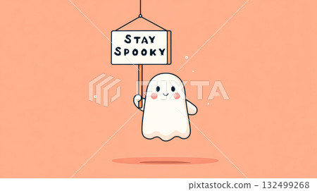 Cute ghost character holding a sign with a playful message for Halloween festivities 132499268