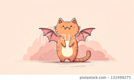 Cute cartoon cat with bat wings standing on a pastel background for Halloween-themed designs Cute cartoon cat with bat wings standing on a pastel background for Halloween-themed designs 132499275