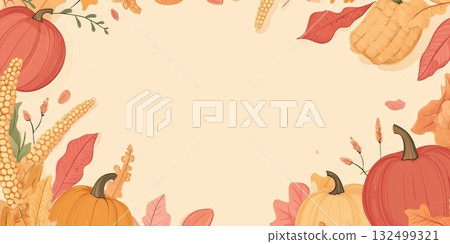 Colorful autumn harvest illustration featuring pumpkins, corn, and leaves, creating a festive atmosphere perfect for Halloween and Thanksgiving celebrations with copy space Colorful autumn harvest illustration featuring pumpkins, corn, and leaves, creating a festive atmosphere perfect for Halloween and Thanksgiving celebrations with copy space 132499321