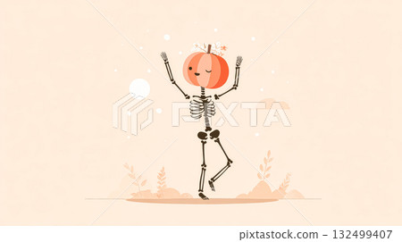 Skeleton character with pumpkin head dancing in a whimsical Halloween-themed illustration 132499407
