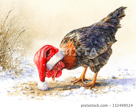 Colorful chicken wearing Santa hat in snowy winter landscape for festive holiday cheer 132499524