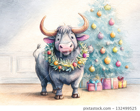 Festive bull wearing wreath stands beside decorated Christmas tree with colorful gifts 132499525