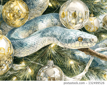 Blue snake entwined in Christmas tree branches with golden ornaments and festive decorations 132499526