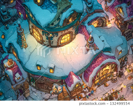 Winter village scene with snow-covered rooftops and warm glowing lights for Christmas celebration 132499554