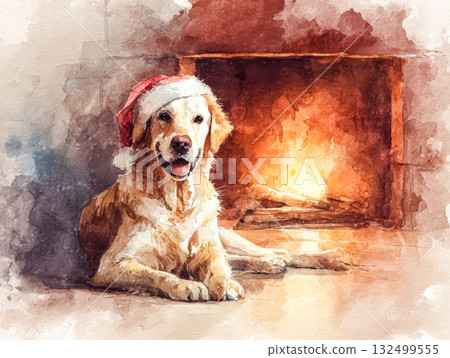 Golden retriever wearing Santa hat by cozy fireplace, celebrating Christmas and New Year Golden retriever wearing Santa hat by cozy fireplace, celebrating Christmas and New Year 132499555