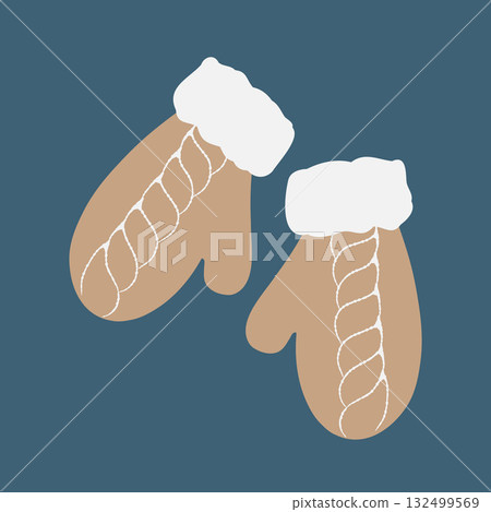 A warm pair of winter knitted mittens with a beige cable pattern. Vector flat illustration of retro vintage mittens isolated on a dark background. Clipart of a retro winter wardrobe accessory 132499569