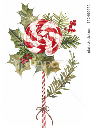 Colorful candy cane lollipop surrounded by festive holly leaves and pine branches for celebrating Christmas holidays. concept of celebrating christmas holidays 132499631