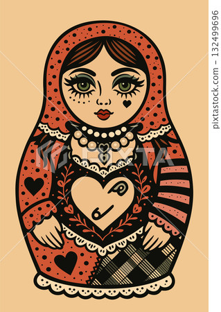 Matryoshka doll in vintage punk style. Vector isolated illustration Matryoshka doll in vintage punk style. Vector isolated illustration 132499696