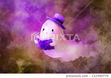 Cute ghost character reading a book in a whimsical Halloween atmosphere with vibrant colors Cute ghost character reading a book in a whimsical Halloween atmosphere with vibrant colors 132499779