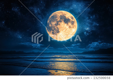Majestic full moon illuminating tranquil ocean waves under a starry night sky 132500038