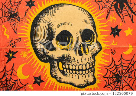 Skull illustration with vibrant colors and Halloween-themed elements for festive party decor 132500079