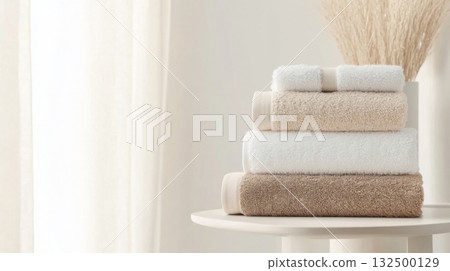 Neutral colors stacked towels by window on minimalistic background, copy space 132500129