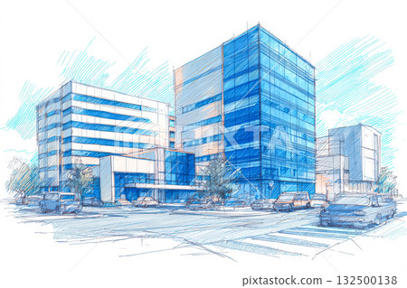 Architectural sketch of modern commercial buildings with glass facades, surrounded by vehicles and trees, showcasing urban design and innovative structures in a bustling environment Architectural sketch of modern commercial buildings with glass facades, surrounded by vehicles and trees, showcasing urban design and innovative structures in a bustling environment 132500138