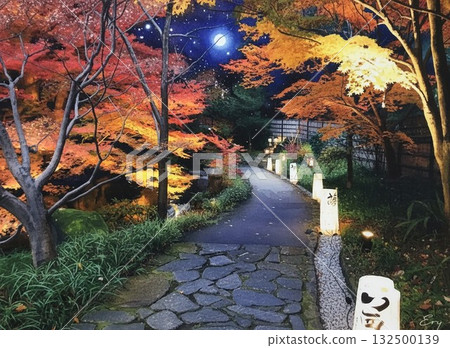 Watercolor Japanese landscape, Tokugawa Garden, Nagoya: A path through a Japanese garden at night with beautiful autumn leaves and lanterns 132500139