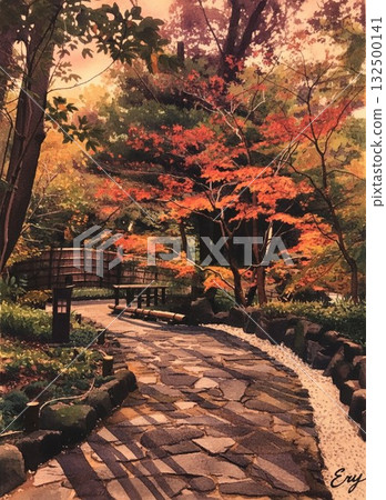 Watercolor Japanese landscape, Tokugawa Garden, Nagoya: A path through a Japanese garden at night with beautiful autumn leaves and lanterns Watercolor Japanese landscape, Tokugawa Garden, Nagoya: A path through a Japanese garden at night with beautiful autumn leaves and lanterns 132500141
