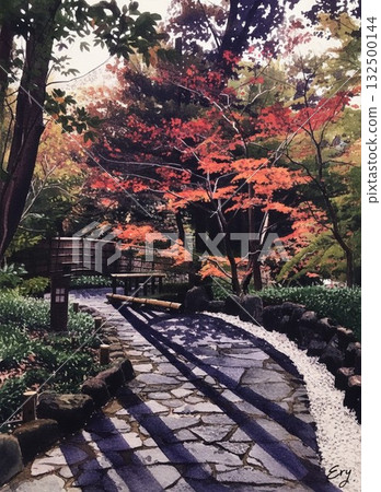 水彩日本風景，名古屋德川花園：夜晚穿過日本花園的小路，有美麗的秋葉和燈籠 132500144