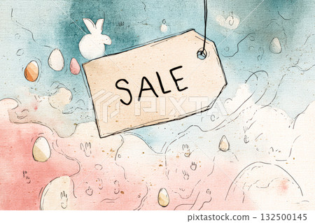 Colorful watercolor illustration of sale tag with Easter theme and playful bunny elements 132500145