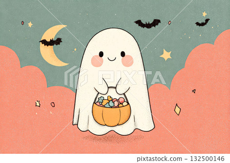 Cute ghost character holding pumpkin basket filled with candy in whimsical Halloween illustration 132500146