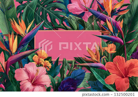 Vibrant tropical floral illustration with colorful blooms and lush green leaves, featuring copy space 132500201