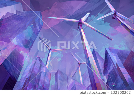 Abstract illustration of wind turbines among modern skyscrapers showcasing renewable bioenergy concept Abstract illustration of wind turbines among modern skyscrapers showcasing renewable bioenergy concept 132500262
