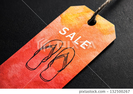 Colorful sale tag featuring flip flops on a vibrant watercolor background for summer promotions 132500267