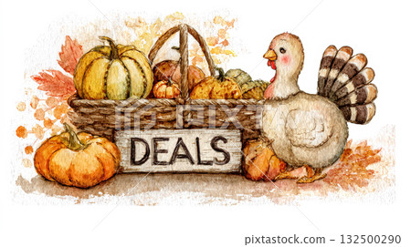 Watercolor illustration of turkey and pumpkins in a basket with autumn leaves and deals sign 132500290