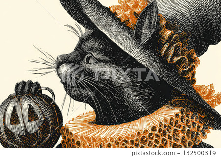 Black cat wearing witch hat and ruffled collar with pumpkin for Halloween party vibe Black cat wearing witch hat and ruffled collar with pumpkin for Halloween party vibe 132500319