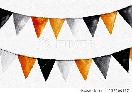 Colorful triangular bunting flags in orange, black, and gray for festive Halloween party decor Colorful triangular bunting flags in orange, black, and gray for festive Halloween party decor 132500387