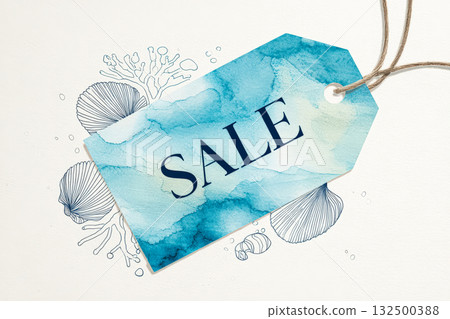 Watercolor tag design featuring sale announcement with marine elements and soft colors Watercolor tag design featuring sale announcement with marine elements and soft colors 132500388