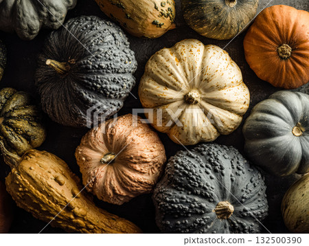 Assorted pumpkins in various colors and textures showcasing the beauty of autumn harvest season 132500390