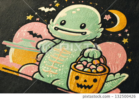 Cute green monster character holding a pumpkin basket filled with candy for Halloween celebration 132500426