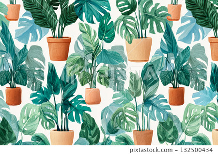Colorful botanical illustration featuring various indoor plants in terracotta pots on a light background 132500434