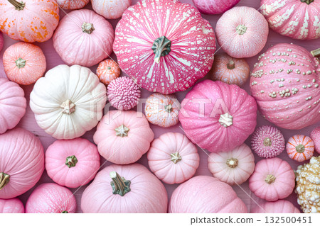Colorful assortment of pink pumpkins arranged artistically on a soft pastel background 132500451