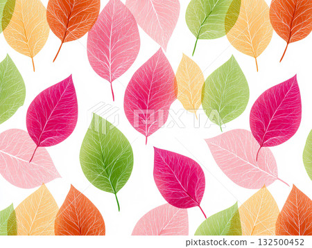 Colorful leaves in various shapes and sizes creating a vibrant autumn-inspired pattern design 132500452