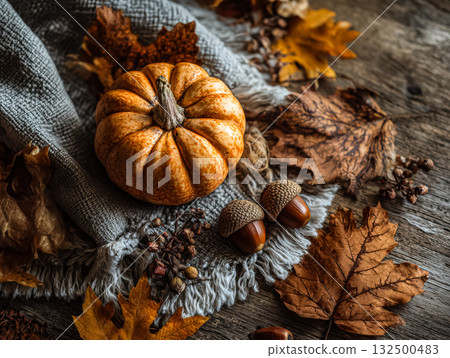 Pumpkin and acorns on rustic wooden table with autumn leaves and cozy fabric for seasonal decor Pumpkin and acorns on rustic wooden table with autumn leaves and cozy fabric for seasonal decor 132500483