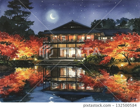 Watercolor Japanese Landscape Nagoya City Tokugawa Garden: Japanese Garden with Autumn Leaves Reflected in the Pond and Japanese-Style Architecture 132500584