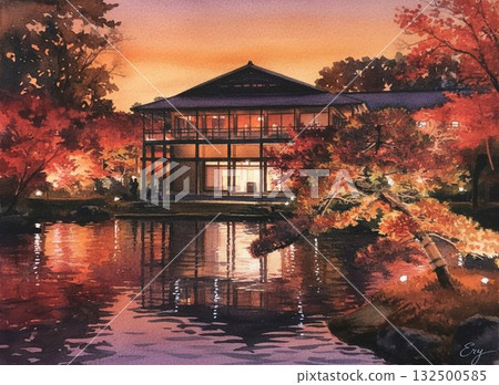 水彩日本風景名古屋市德川花園：秋葉倒映在池塘中的日本花園和日式建築 132500585