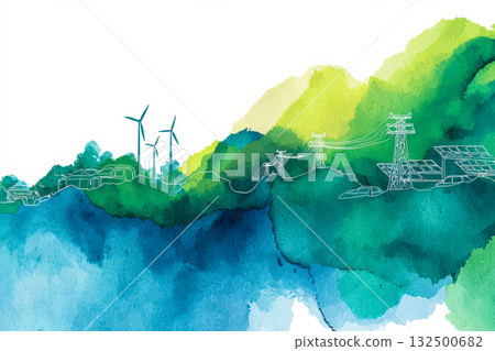Watercolor illustration of renewable bioenergy landscape with wind turbines and solar panels Watercolor illustration of renewable bioenergy landscape with wind turbines and solar panels 132500682
